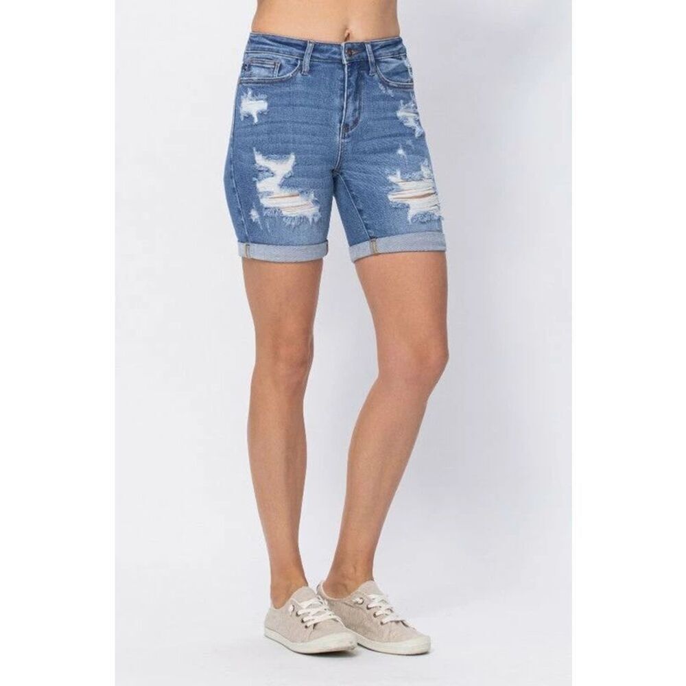 ✨Judy Blue Hi-Waist Mid-Length Distressed Sz Large Shorts✨ - Picture 2 of 7